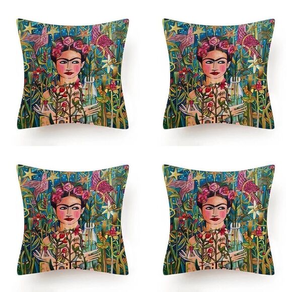 Set of 4 Frida Kahlo Self Portrait, Outdoor Pillow Cover 18x18 Rainforest - Picture 1 of 2